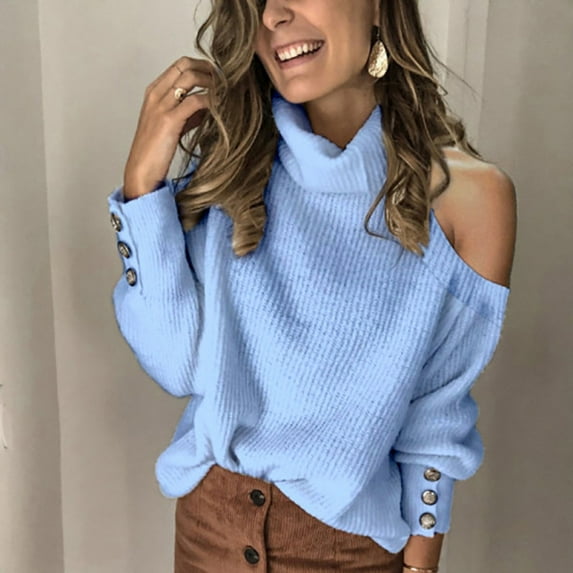 Ladies Loose Fashion Solid Color Sleeve Button Off-shoulder Scarf Top Turtle Neck Ladies Long Sleeve Shirt Women plus V Neck Tee Graphic Solid Color Tops for Women Short Sleeve Womens Striped Tee
