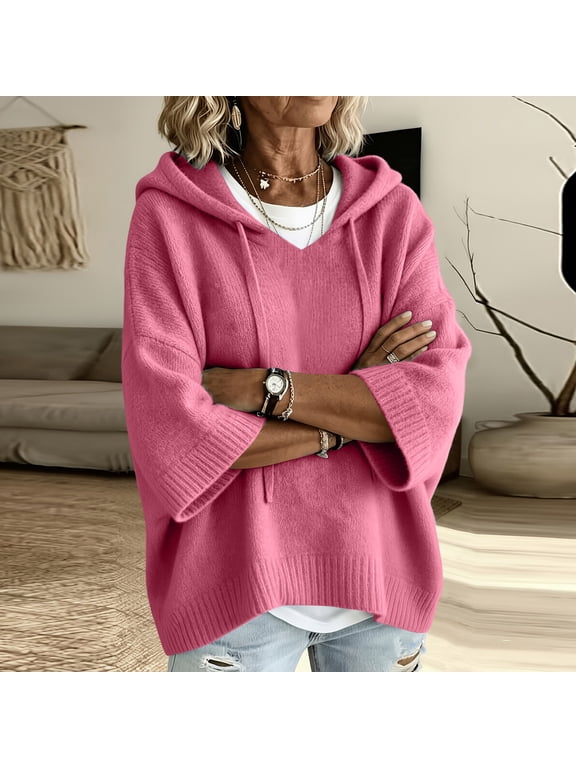 Ladies Loose Fit Solid Color Knit Hooded Pullover Sweater 3/4 Batwing Sleeve Drawstring Daily Casual Top