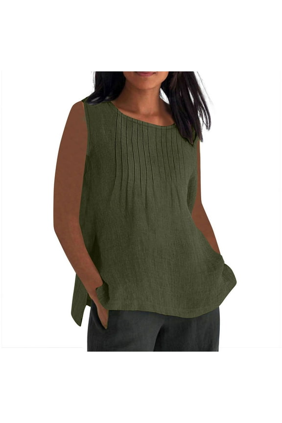 Ladies Loose Fit Vests Crew Neck Faux Gauze Linen Tops Vest for Juniors Sleeveless Brunch Ruched Cami Tank Basic Fall Summer Vest 2025 Clothes