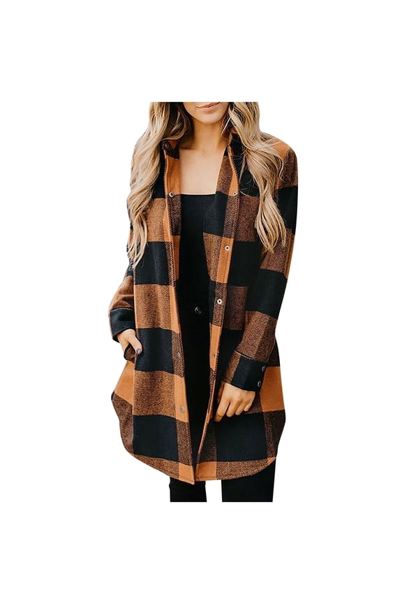 Ladies Loose Long Plaid Flannel Shirts Mid-length Button Down Lapel Long Sleeve Check Jacket Shacket with Pockets