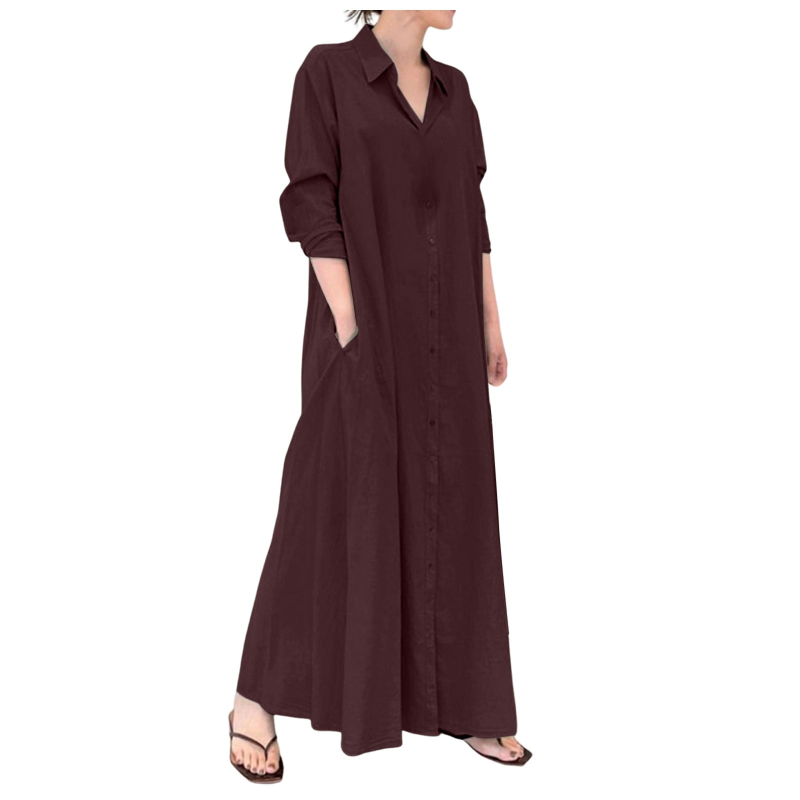 Ladies Loose Long Sleeve Printed Cotton Linen Long Dress With Pockets