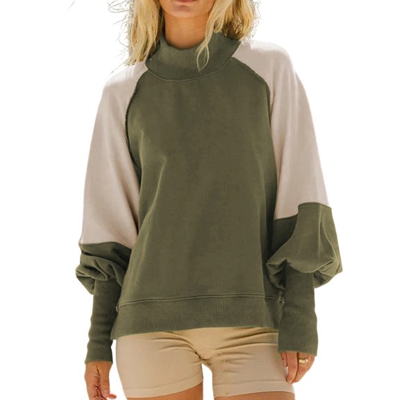 Ladies' Loose and Comfortable Contrasting Color Design with Lantern Sleeves Semi High Neck Long Sleeve Hoodie for Fashion,Army Green,M