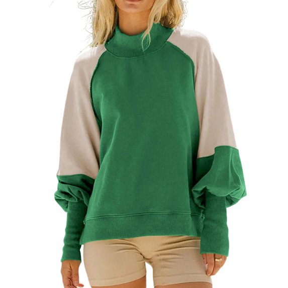 Ladies' Loose and Comfortable Contrasting Color Design with Lantern Sleeves Semi High Neck Long Sleeve Hoodie for Fashion,Green,M