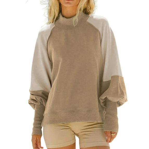 Ladies' Loose and Comfortable Contrasting Color Design with Lantern Sleeves Semi High Neck Long Sleeve Hoodie for Fashion,Khaki,L