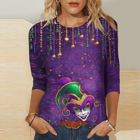 Ladies Mardi Gras Shirts Funny Graphic Crew Neck Blouses Loose Fitted 3/4 Sleeve Tee Shirt Tunic Pullover Carnival Party T-Shirt Fat Tuesday Tee Tops