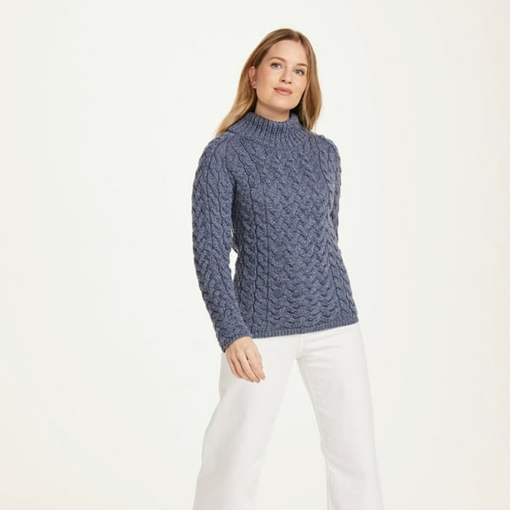 Ladies Marl Blue Crew Neck Soft Merino Sweater Size X-Small Made By Aran Woollen Mills