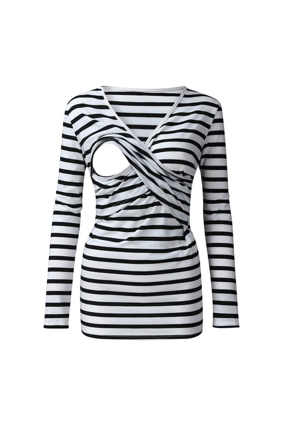 Ladies Pregnancy Stripe Print Long Sleeve Top, Breastfeeding Casual Blouse for Pregnancy Nursing, for All Trimesters, Navy Blue
