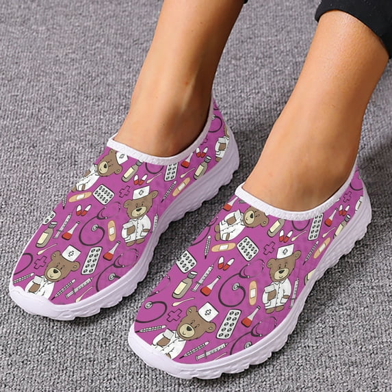 Ladies Medical Nurse Shoes Cute Cartoon Nurse Bear Print Slip On Lightweight Breathable Summer Mesh Shoes Chaussure