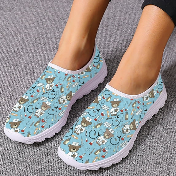 Ladies Medical Nurse Shoes Cute Cartoon Nurse Bear Print Slip On Lightweight Breathable Summer Mesh Shoes Chaussure