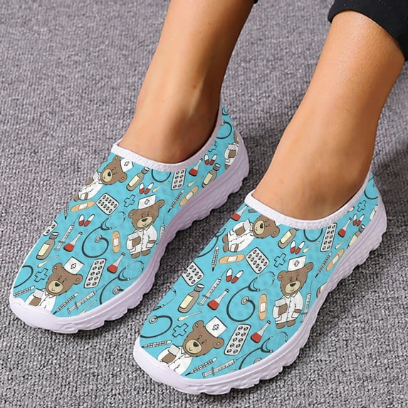 Ladies Medical Nurse Shoes Cute Cartoon Nurse Bear Print Slip On Lightweight Breathable Summer Mesh Shoes Chaussure