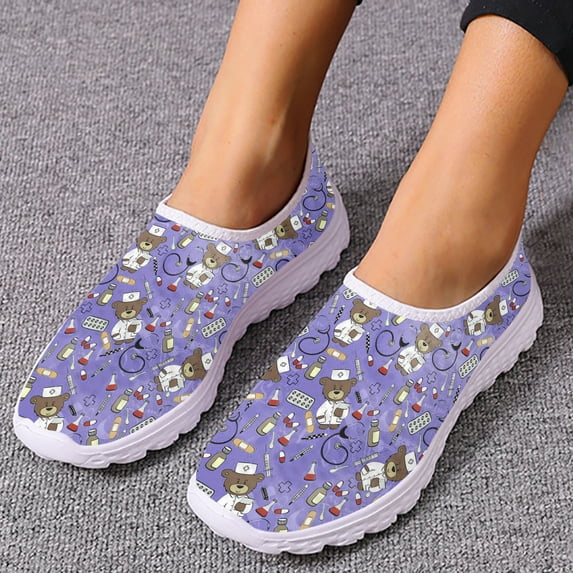 Ladies Medical Nurse Shoes Cute Cartoon Nurse Bear Print Slip On Lightweight Breathable Summer Mesh Shoes Chaussure