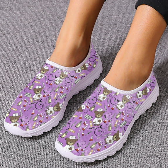 Ladies Medical Nurse Shoes Cute Cartoon Nurse Bear Print Slip On Lightweight Breathable Summer Mesh Shoes Chaussure