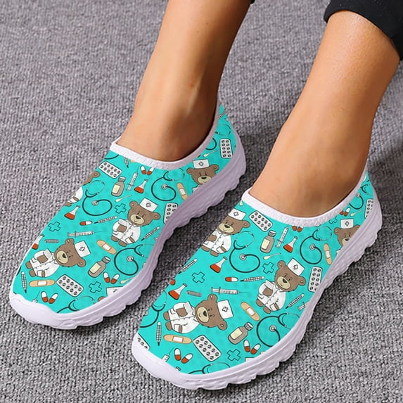 Ladies Medical Nurse Shoes Cute Cartoon Nurse Bear Print Slip On Lightweight Breathable Summer Mesh Shoes Chaussure