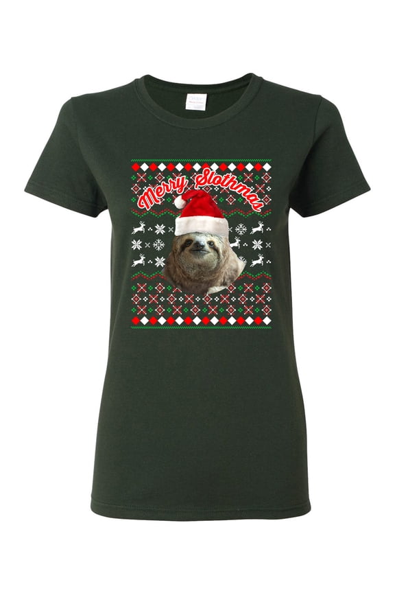 Ladies Merry Slothmas Sloth Animals Ugly Christmas Funny DT T-Shirt Tee