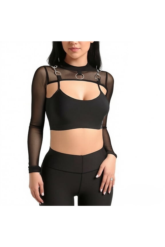 Ladies' Mesh Long Sleeved Semi High Neck Crop Top Transparent Shawl Fishing Net Cover with Lockup Scarf Vest