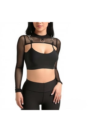 Ladies' Mesh Long Sleeved Semi High Neck Crop Top Transparent Shawl Fishing Net Cover with Lockup Scarf Vest