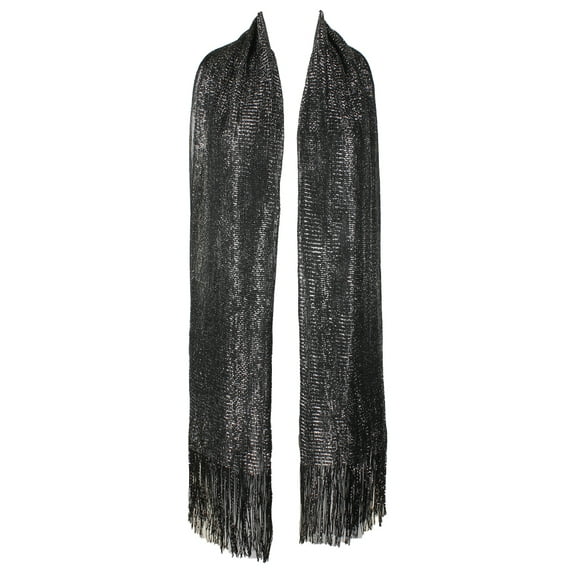 Ladies Metallic Shimmery Fringed Mesh Evening Scarf Black Silver OS