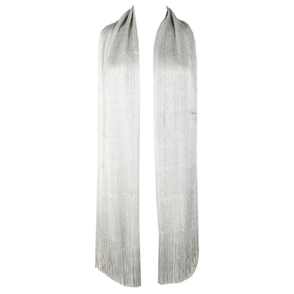 Ladies Metallic Shimmery Fringed Mesh Evening Scarf Silver OS