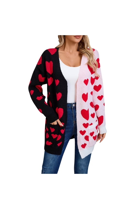 Ladies Mid Long Cardigan Sweater Jacket with Pockets Love Heart Pattern Valentines Coat Gift Open Front Outwear (L, Black)