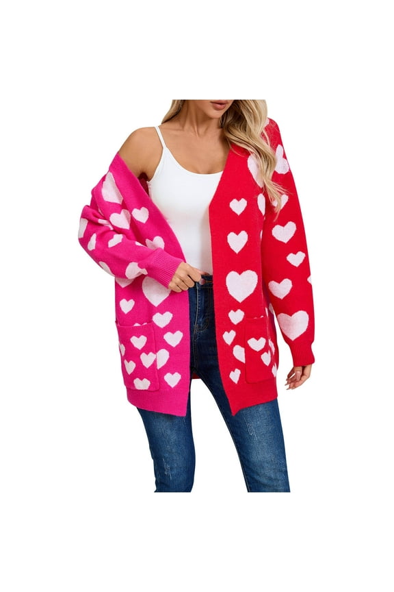 Ladies Mid Long Cardigan Sweater Jacket with Pockets Love Heart Pattern Valentines Coat Gift Open Front Outwear (XL, Hot Pink)