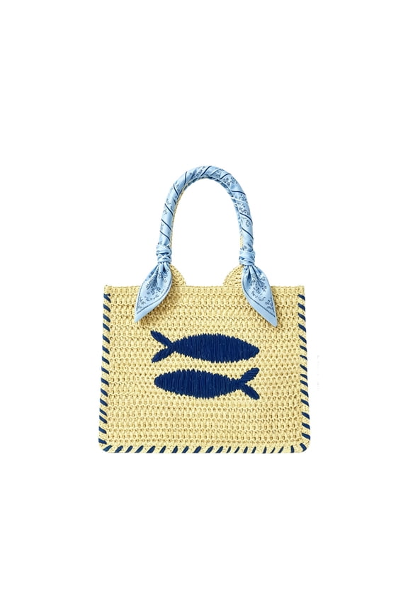 Ladies Mini Straw Handbag Light Natural Woven Beach Purse Small Tote Bag with Fish Embroidery Summer Raffia Shoulder Bag for Vacation Bohemian