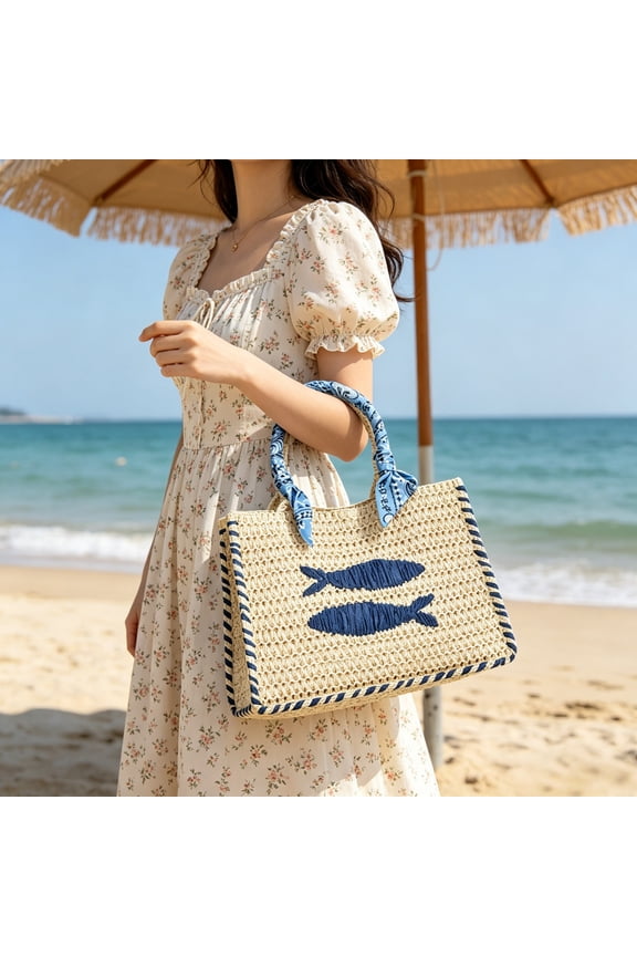 Ladies Mini Straw Handbag Light Natural Woven Beach Purse Small Tote Bag with Fish Embroidery Summer Raffia Shoulder Bag for Vacation Bohemian