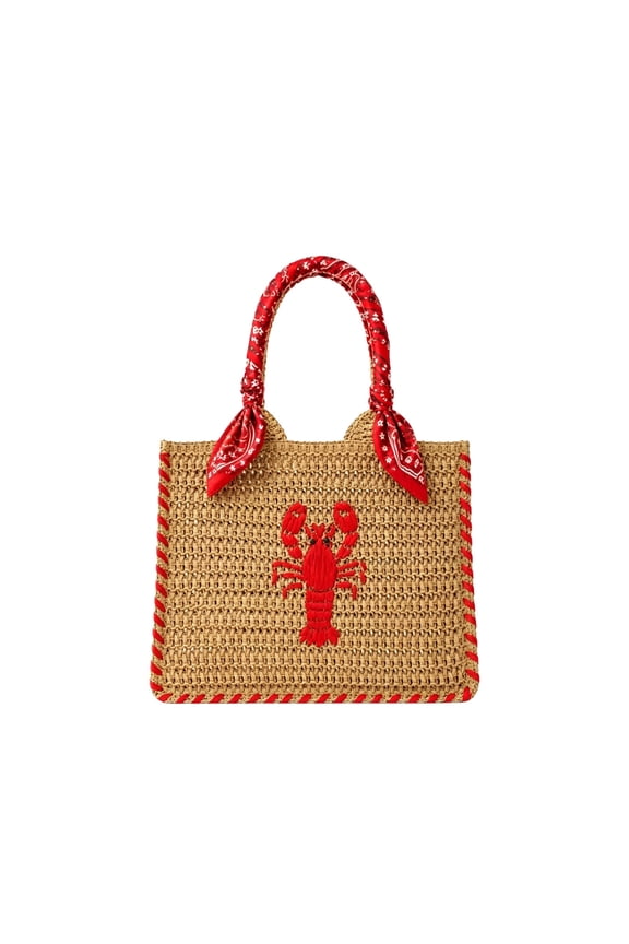Ladies Mini Straw Handbag Natural Woven Beach Purse With Lobster Embroidery Small Tote Bag Summer Raffia Shoulder Bag For Vacation