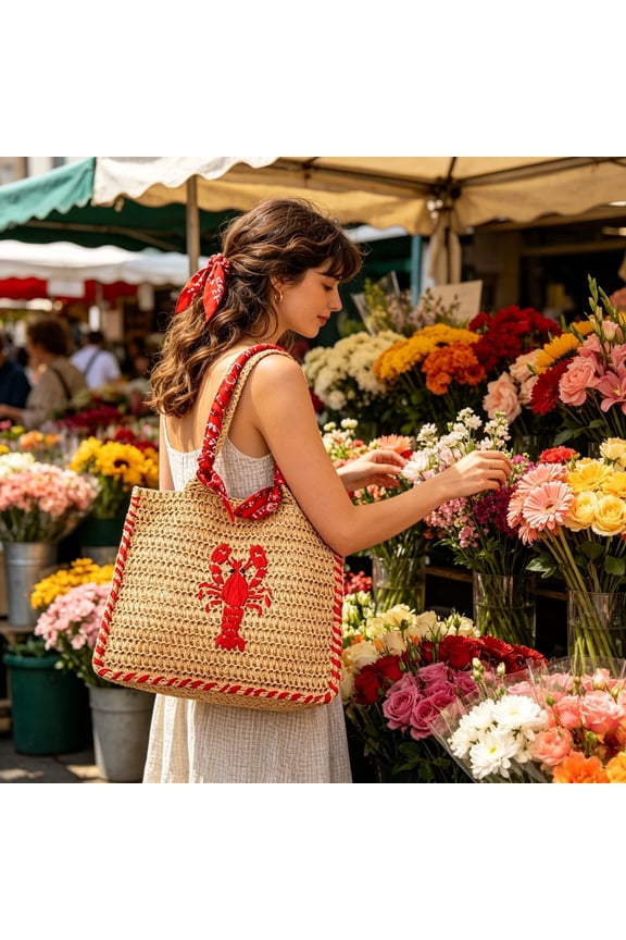 Ladies Mini Straw Handbag, Natural Woven Beach Purse with Lobster Embroidery, Summer Raffia Shoulder Bag, Bohemian Vacation Tote