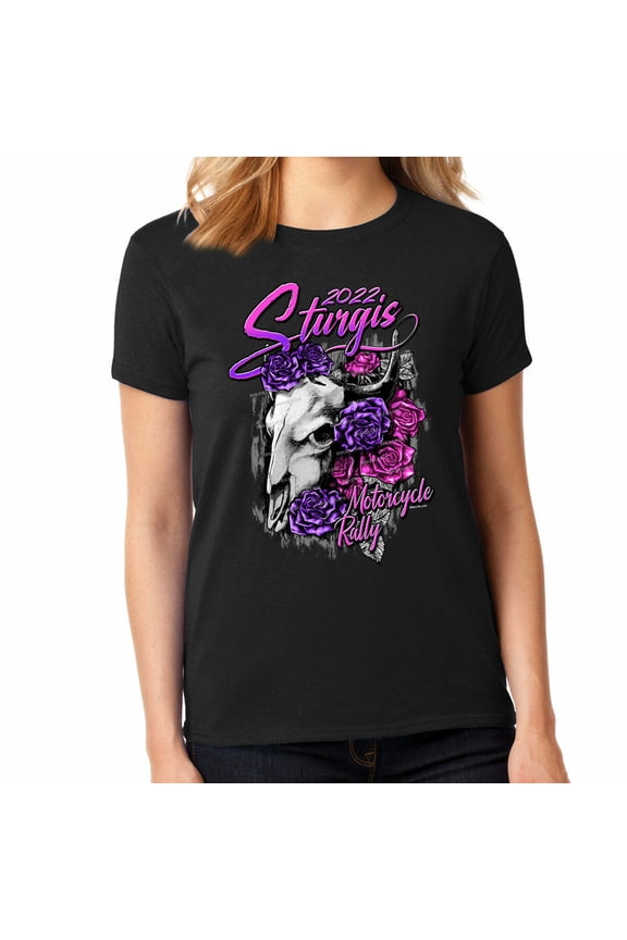 Ladies Missy Cut 2022 Sturgis Motorcycle Rally Floral Bison T-Shirt