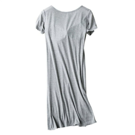Ladies Modal Nightdress With Chest Pad Without Rims Loose Vest Comfort Mid-long Pajamas Short Sleeve Nightdress,Gray,2XL