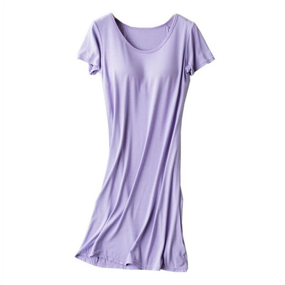 Ladies Modal Nightdress With Chest Pad Without Rims Loose Vest Comfort Mid-long Pajamas Short Sleeve Nightdress,Purple,2XL