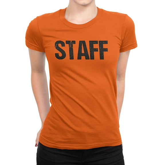 Ladies Neon Orange Staff T-Shirt Front & Back Print Event Shirt Womens Hallow...