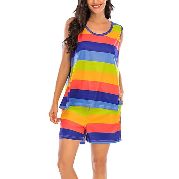 Ladies - New - Boho Hippie Casual Sleeveless Tank Top Design Summer Pyjama Set - Top + Trunk shorts Womens Plus Size Gym Yoga Running Beach Sports Shorts Soft Touch