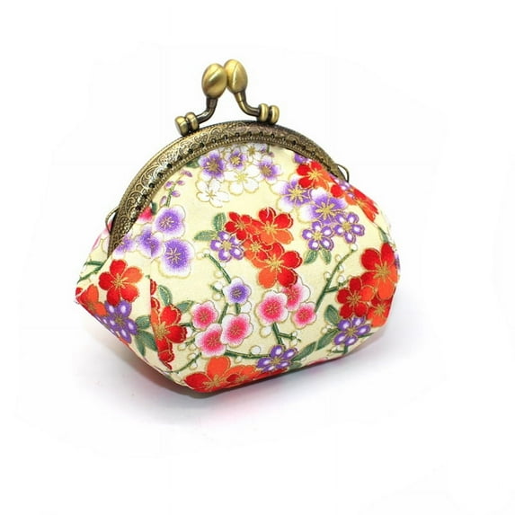 Ladies New Floral Coin Purse Japanese Kimono Printed hand-made Gold Bag Cloth Coin Purse Lady Portable Small Wallet Mini Key Bag (beige)