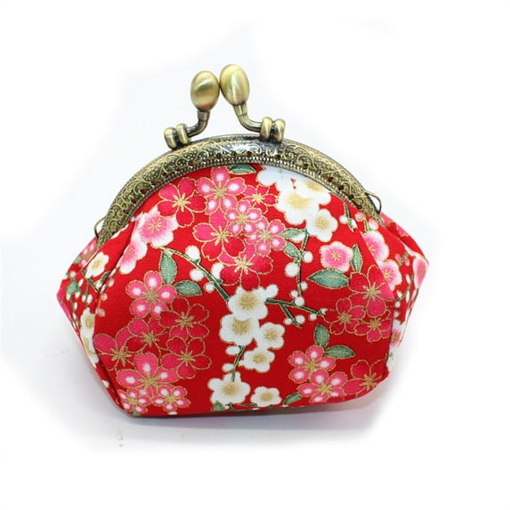 Ladies New Floral Coin Purse Japanese Kimono Printed hand-made Gold Bag Cloth Coin Purse Lady Portable Small Wallet Mini Key Bag (red)