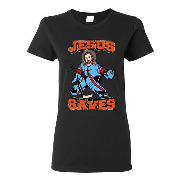 Ladies New Jesus Saves Hockey Jersey Puck Sports Funny DT T-Shirt Tee