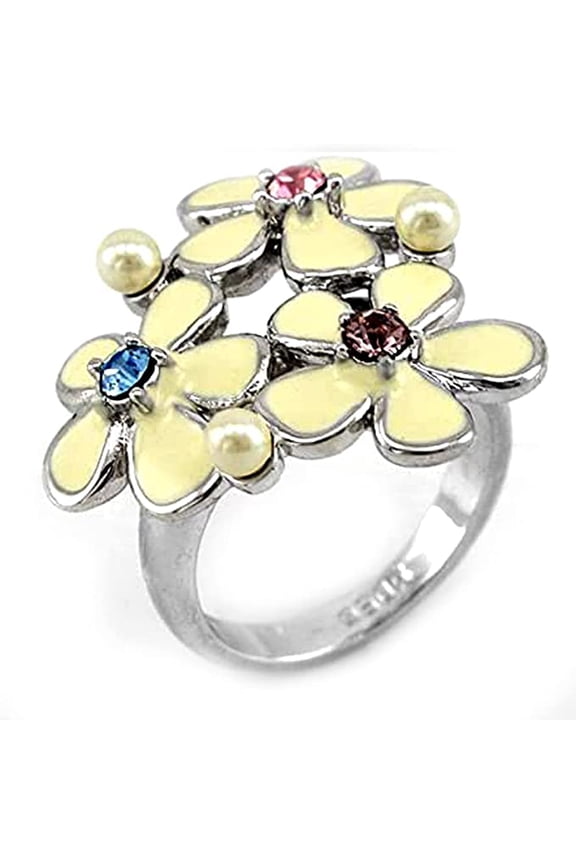 Ladies New Triple Floral Design Rodium Plated Ring Size#5