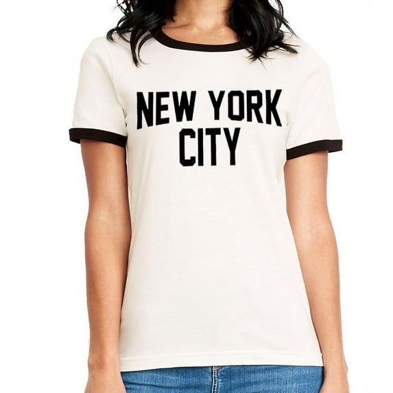 Ladies New York City Ringer Shirt Distressed Retro Design Tee Black White White/Black Ringer, XL