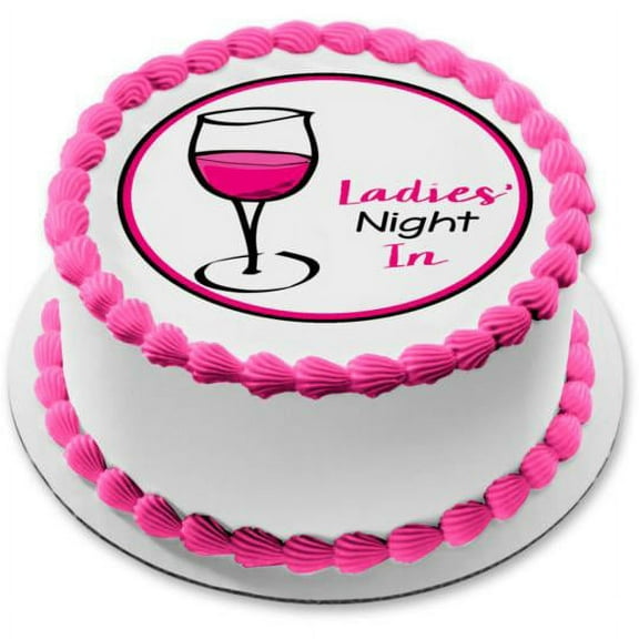 Ladies' Night In Pink Wine Glass Edible Cake Topper Image