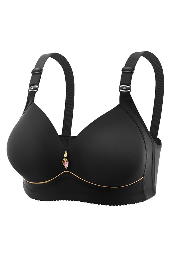 Ladies' Non Steel Ring Comfortable Breathable Gathering Smooth Cup Text Bra, B, Black