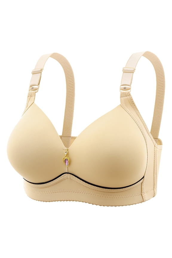 Ladies' Non Steel Ring Comfortable Breathable Gathering Smooth Cup Text Bra, B, Yellow