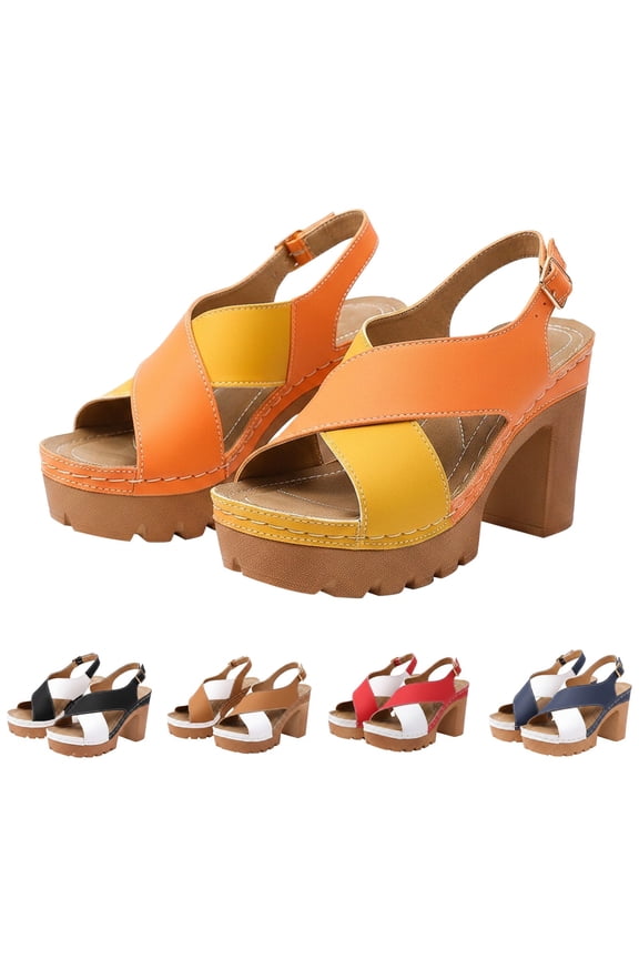 Ladies' Non‑slip Lug Sole Chunky Heel Sandals, Color Block Faux Leather Adjustable Strap Platform Shoes for Long‑time Standing Orange 35