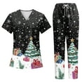 thumbnail image 1 of Ladies' Nurse Uniform Two-Piece Set: Short Sleeved Christmas Print Top with Pockets & Pants, Black, Size L​, 1 of 4