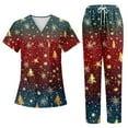thumbnail image 1 of Ladies' Nurse Uniform Two-Piece Set: Short Sleeved Christmas Print Top with Pockets & Pants, Burgundy, Size M​, 1 of 4