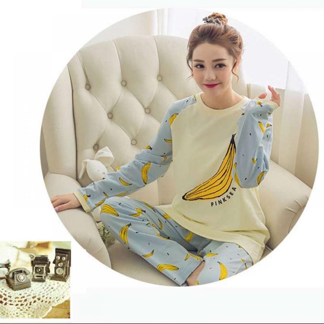 Ladies ONeck Printed Home Pajama Set Long Sleeve Cute Fresh Pajama Set