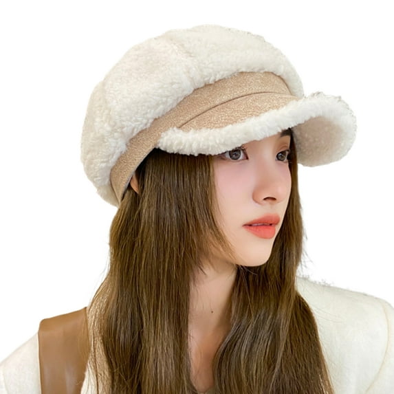 Ladies Octagonal Hat Winter Octagonal Thick Plush Short Brim Contrast Color Keep Warm Peaked Retro Style Headwear for Work Travel Wear Women Brimmed