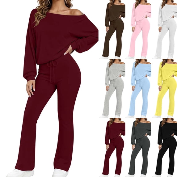 Ladies' Off Shoulder One Neck Long Sleeved Wide Leg Pants Set With Drawstring High Waist for Slimming, Casual Sports Two-Piece Set Black S