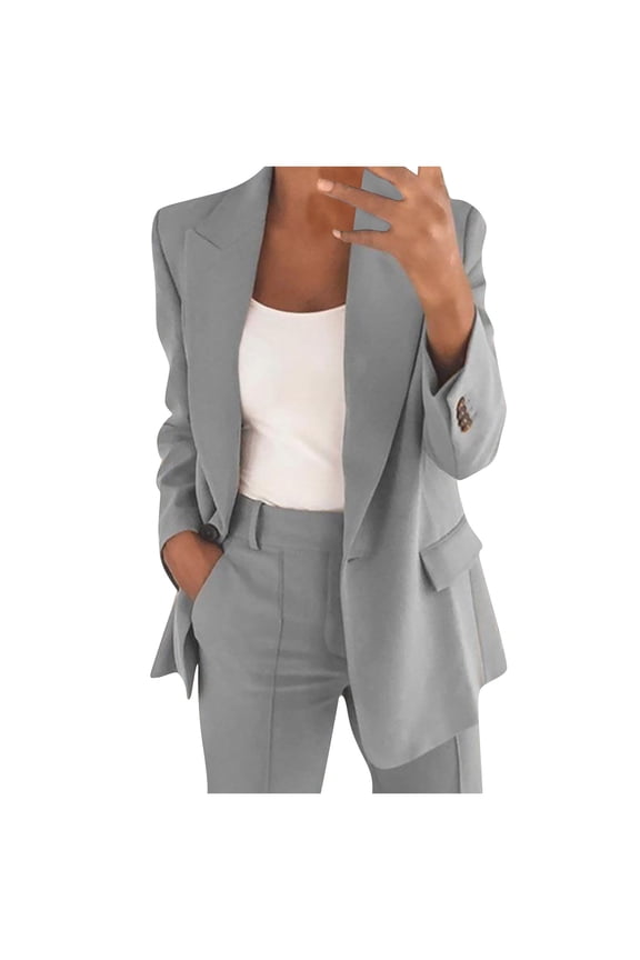 Ladies One-button Blazers Long Sleeve Notched Collar Pockets Slim Fit Casual Business Work Office Suit Jacket (Medium, Gray)