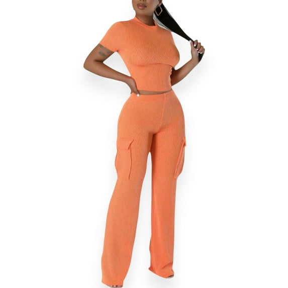 Women’s Orange Ribbed 2‑Piece Set – Crop Top & High‑Waisted Work Pants, Summer Streetwear