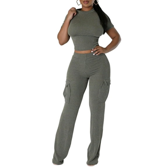 SDNGED Ladies' Orange Ribbed Crop top and Work Pants Set Summer Casual High Waisted Pants Street Ladies' Tight 2-Piece Set